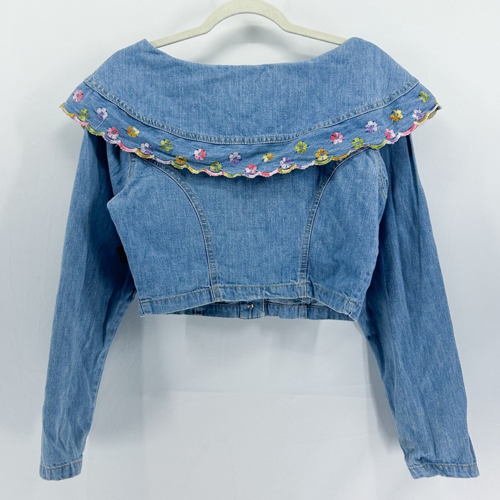 Vintage Switch Denim Floral Embroidered Peter Pan Collar Crop Top Large - Picture 2 of 5